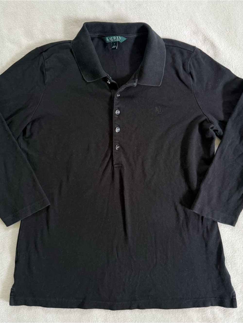 Lauren Ralph Lauren Black Long-Sleeve Polo with Tonal RL Embroidery